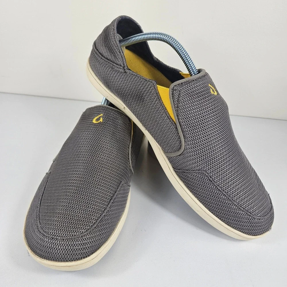 OluKai Nohea Mesh Mens 10.5 Slip On Mesh Shoes Gray Yellow Loafers